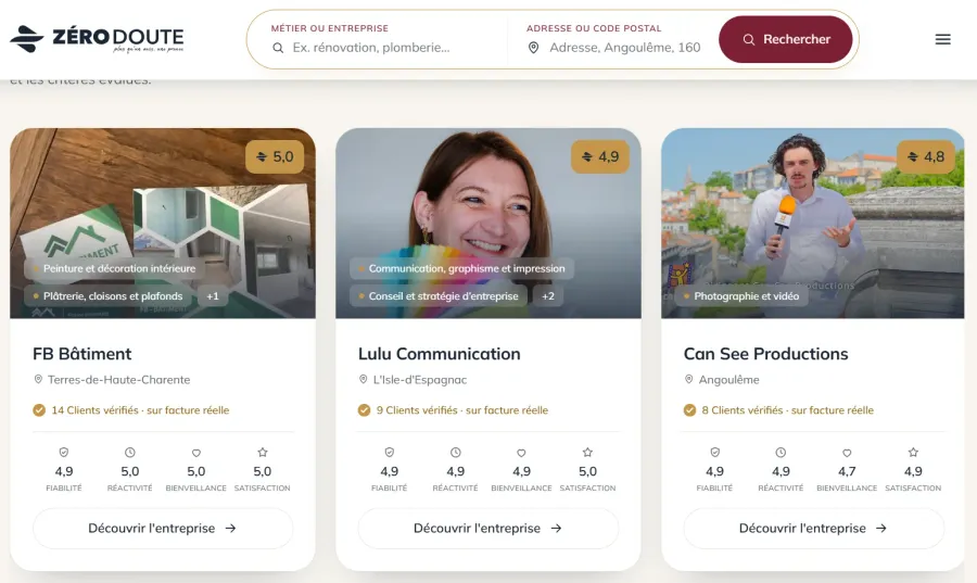 Présentation des entreprises Zéro Doute sur le site zerodoute.fr