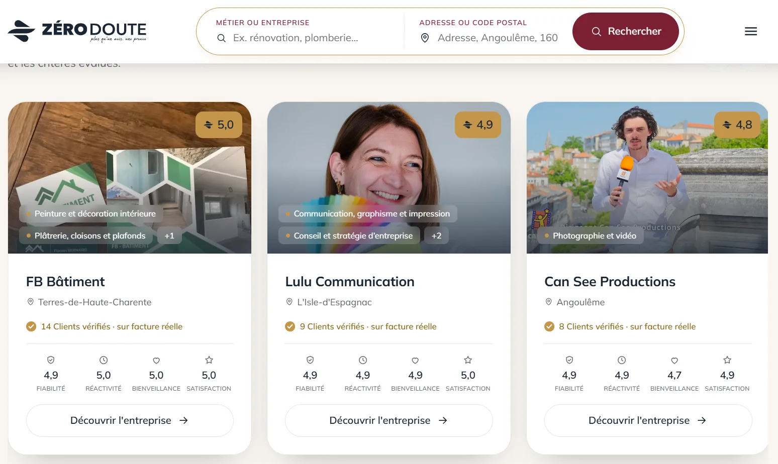 Présentation des entreprises Zéro Doute sur le site zerodoute.fr