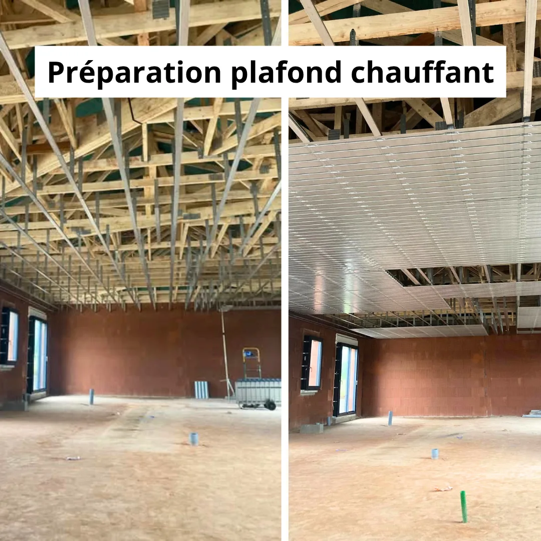 Préparation d’un plafond chauffant lors d’un chantier de rénovation : installation de l’ossature et mise en place du système avant finition par FB Bâtiment