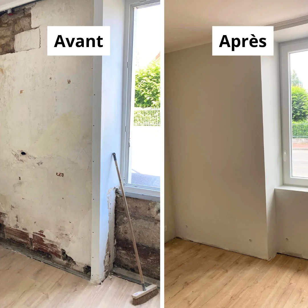 Avant et après rénovation : reprise du support, préparation du mur et réalisation d’une finition propre et uniforme par FB Bâtiment