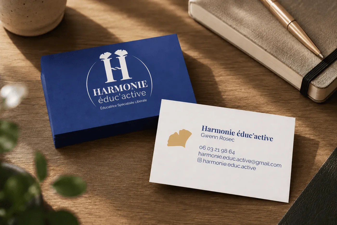 Création du logo, de l’identité visuelle et des cartes de visite d’Harmonie éduc’active par Lulu Communication.